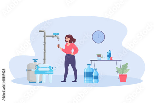Woman filtering water using osmosis filter vector illustration. Cartoon drawing of girl with cup of rusty water, water shortage and restriction due to drought. Drought, ecology, hygiene concept