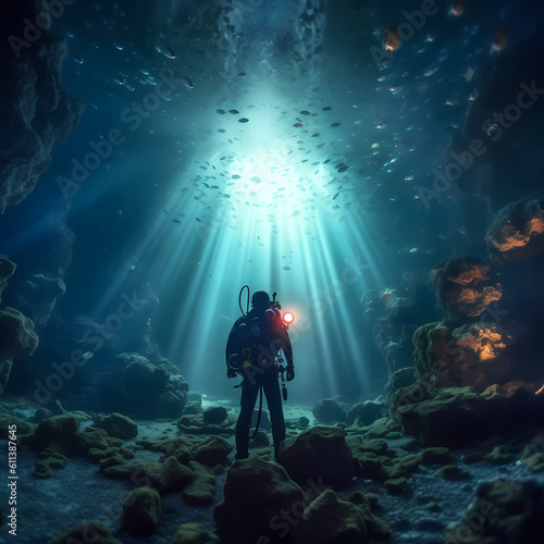 Diver Diving at the sea illustration. Generative AI