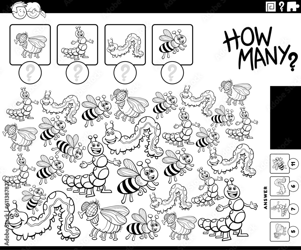 how many cartoon insects counting game coloring page