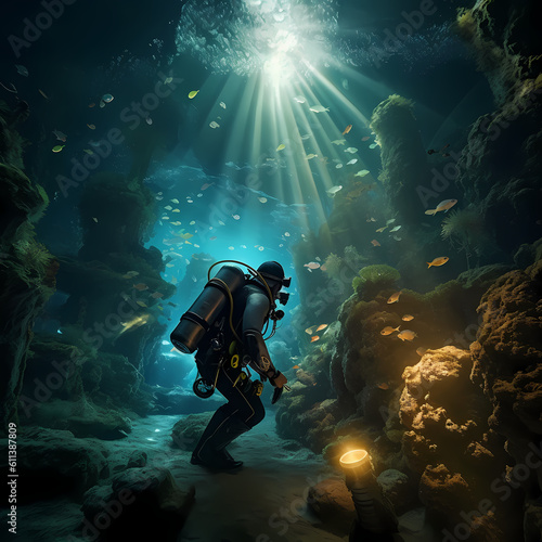 Wallpaper Mural Diver Diving at the sea illustration. Generative AI Torontodigital.ca