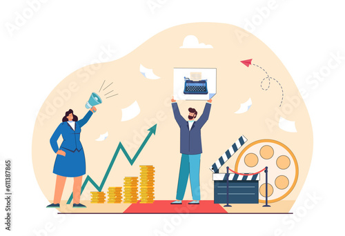 Scriptwriters asking for fair salary or pay vector illustration. Drawing of strike of scriptwriters and directors, man with typewriter sign. Protest, television or cinematography, society concept