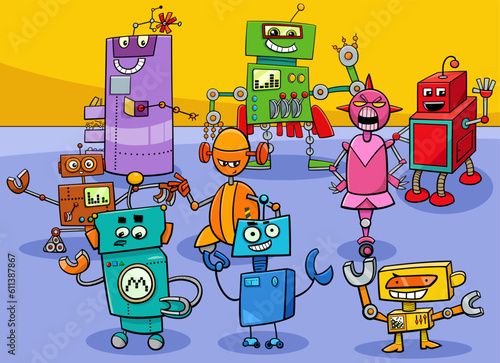 cartoon colorful robots and droids characters group