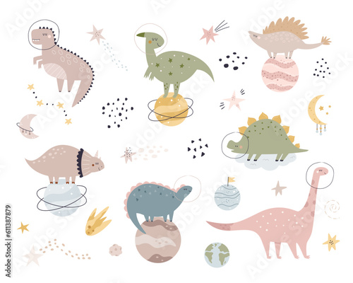 Set of cute and funny space dinosaurs with cosmic objects cliparts