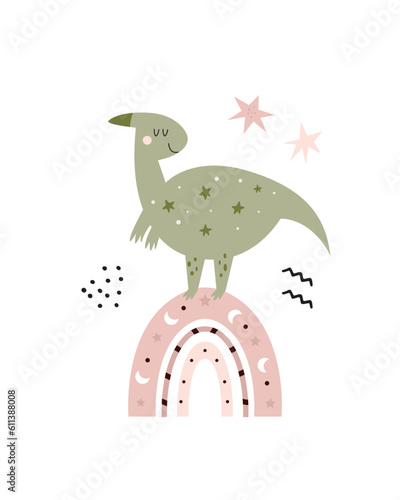 Illustration with a cute dinosaur and boho rainbowin a simple hand drawn style.