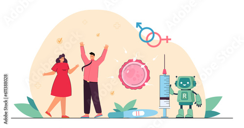 Comic robot with syringe impregnating egg cell with sperm. Artificial insemination, alternative to IVF, happy couple vector illustration. Healthcare, fertilization, technology, pregnancy concept