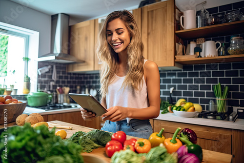 Blonde woman using a tablet computer to cook in her kitchen Generative AI