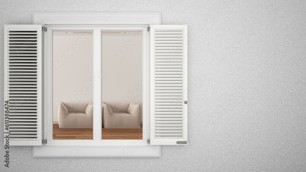 Exterior plaster wall with white window with shutters, showing minimal white living room, blank background with copy space, architecture design concept idea, mockup template Exterior plaster wall with white window with shutters, showing minimal white living room, blank background with copy space, architecture design concept idea, mockup template