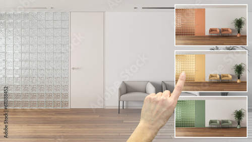 Architect designer concept, hand showing minimal sitting waiting room, colors in different options, interior design project draft, color picker, material sample