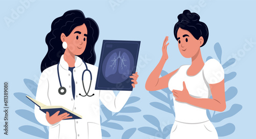 Pulmonology vector illustration. Doctor and patient. Treatment of respiratory organs. Chronic obstructive pulmonary disease , COPD, respiratory allergy, occupational lung diseases,