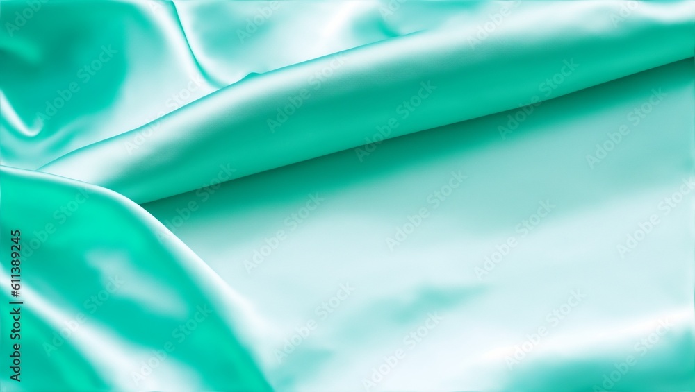 Beautiful light green blue silk satin surface. Soft folds on shiny fabric. Luxury teal background with space for text, design. Web banner. Flat lay table. Top view. Generative ai - obrazy, fototapety, plakaty 