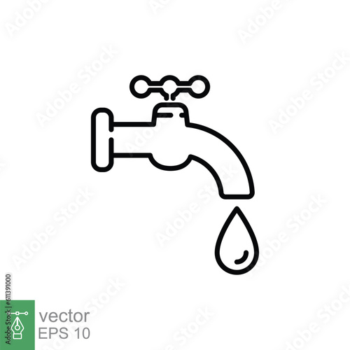 Water tap icon. Simple outline style. Faucet, pipe, leak, valve, drop water, leaky, dripping tap concept. Thin line symbol. Vector illustration isolated on white background. EPS 10.