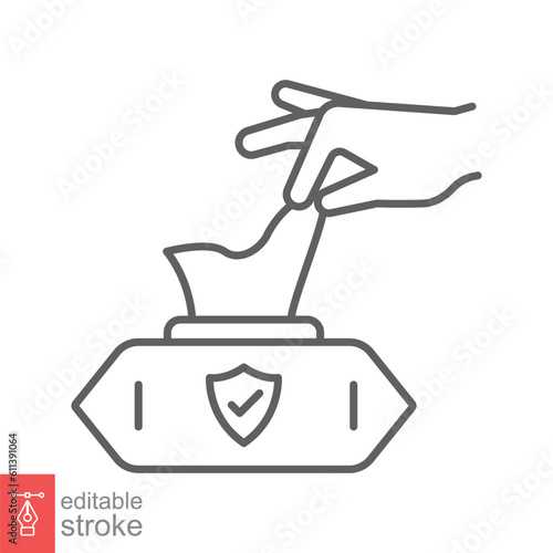 Hand pulling wet tissue icon. Simple outline style. Hand tissues box, handkerchief, wash, hygiene concept. Thin line symbol. Vector illustration isolated on white background. Editable stroke EPS 10.