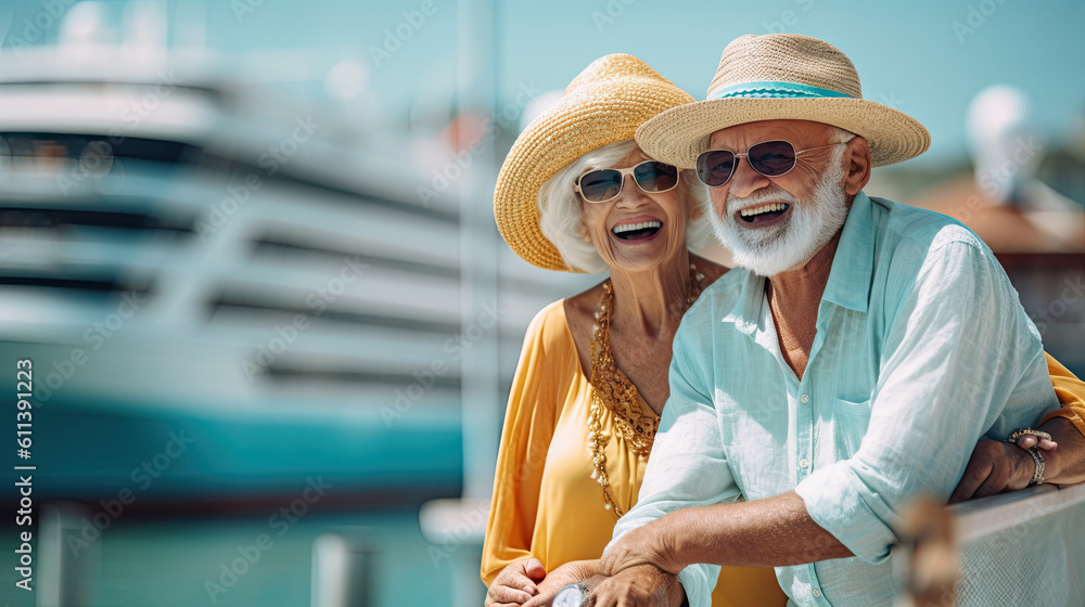 Active seniors taking at vacation with cruise ship on background. Summer vacation Generative AI - obrazy, fototapety, plakaty 