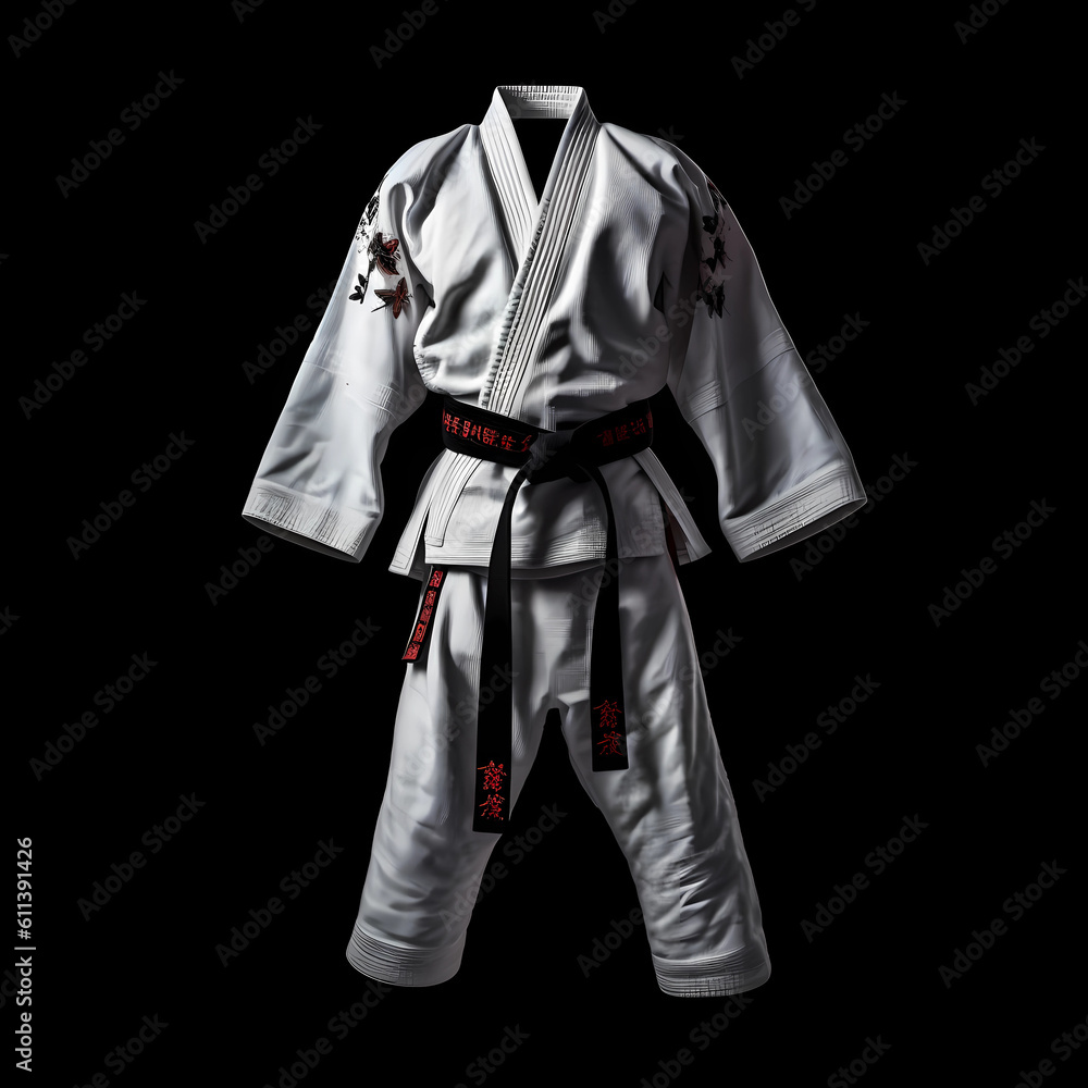 A unique karate kimono with a black belt created with Generative AI technology