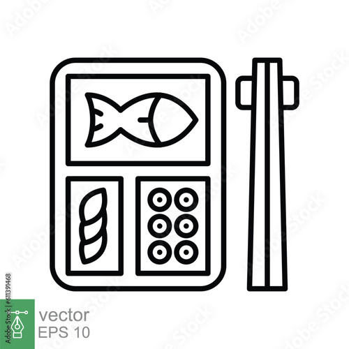 Bento icon. Simple outline style. Japanese lunchbox, chopsticks, rice, fish, cartoon, japan restaurant, asian food concept. Thin line symbol. Vector illustration isolated on white background. EPS 10.