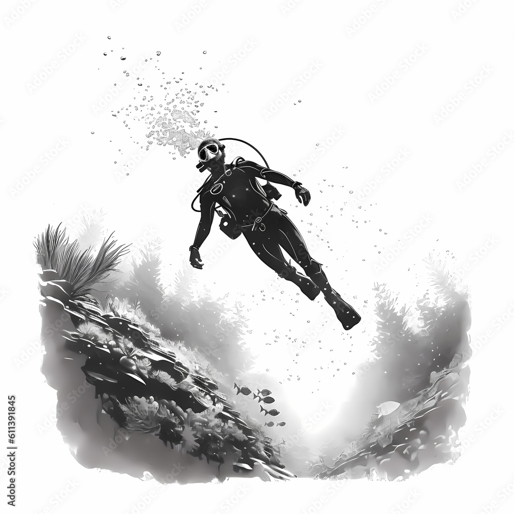 Fototapeta premium Diver Diving at the sea illustration