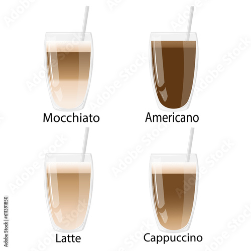 Set glasses with coffee. Great for menu, poster or restaurant background. Americano, Cappuccino, Macchiato, Latte. Robusta, arabica. Vector isolated on white background