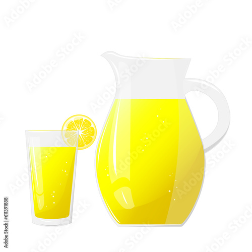 Lemonade juice jug and glass with  lemon fruit. Refreshing drink. For design of fresh product, juice, canned food, menu for cafe, poster. Flat vector illustration design