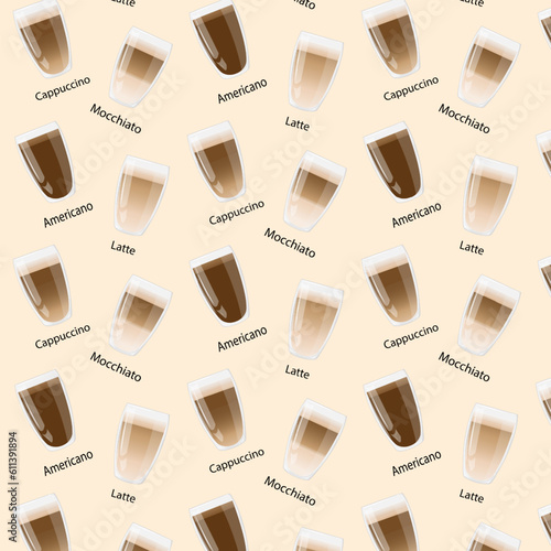 Seamless pattern glasses with coffee. Great for menu, poster or restaurant background. Americano, Cappuccino, Macchiato, Latte. Robusta, arabica