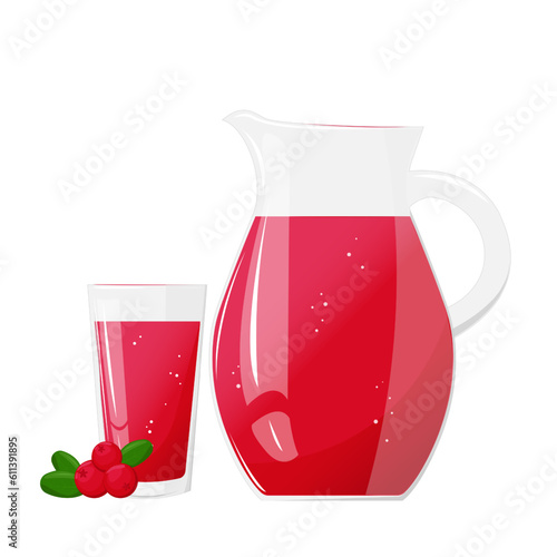 Lemonade juice jug and glass with cranberry or lingonberry. Refreshing drink. For design of fresh product, juice, canned food, menu for cafe, poster. Flat vector illustration design