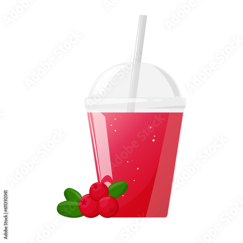 Red fresh cranberry or lingonberry juice in plastic glass. Fruit juice in clear plastic cup. Vector illustration for design of fresh product, juice, canned food, menu for cafe