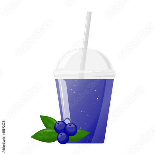 Blue fresh blueberry or bilberry juice in plastic glass. Fruit juice in clear plastic cup. Vector illustration for design of fresh product, juice, canned food, menu for cafe