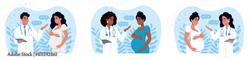 Healthy pregnancy banner. Gynecologist and obstetrician consultation.Doctors and pregnant women of different races and ages.
