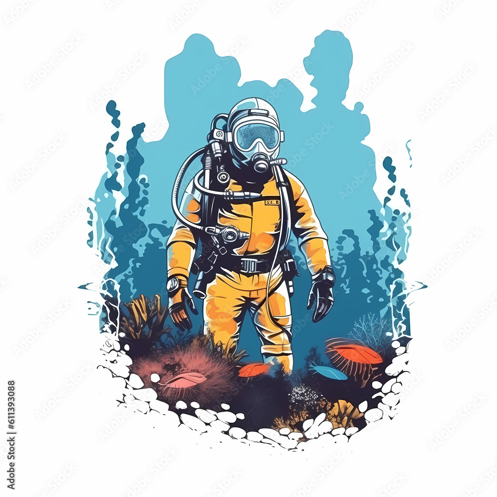 Fototapeta premium Diver Diving at the sea illustration