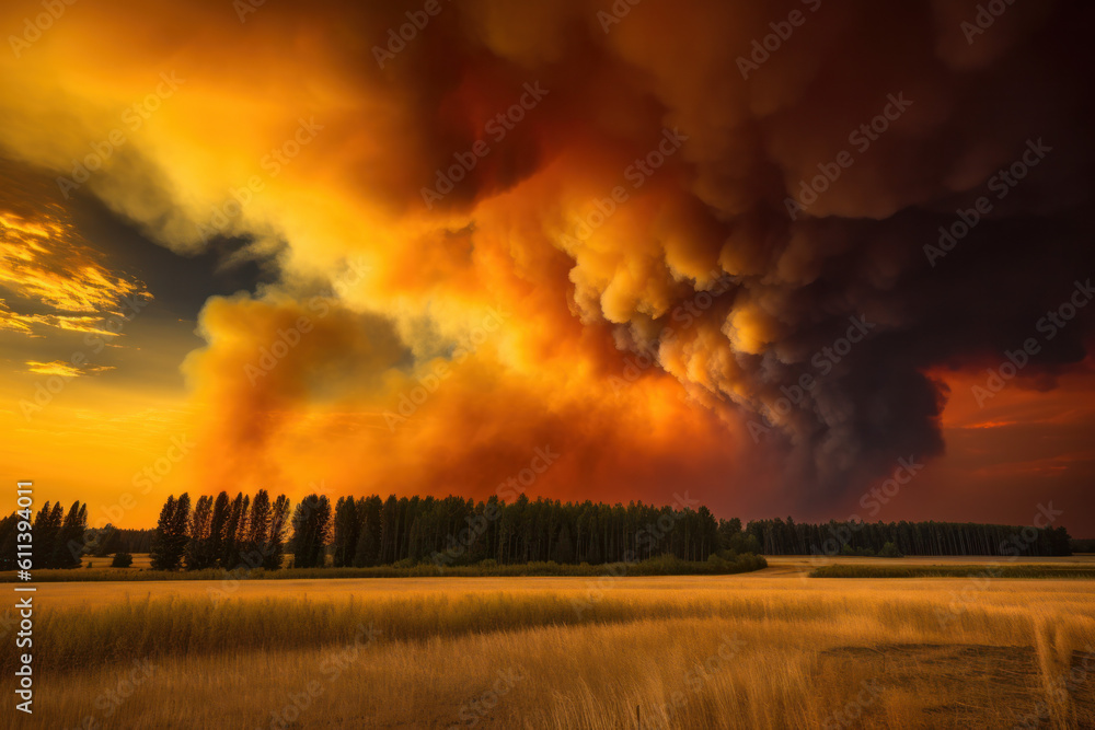 Hot fire burning crops and harvests, a natural disaster. environment concept.Generative AI Hot fire burning crops and harvests, a natural disaster. environment concept.Generative AI