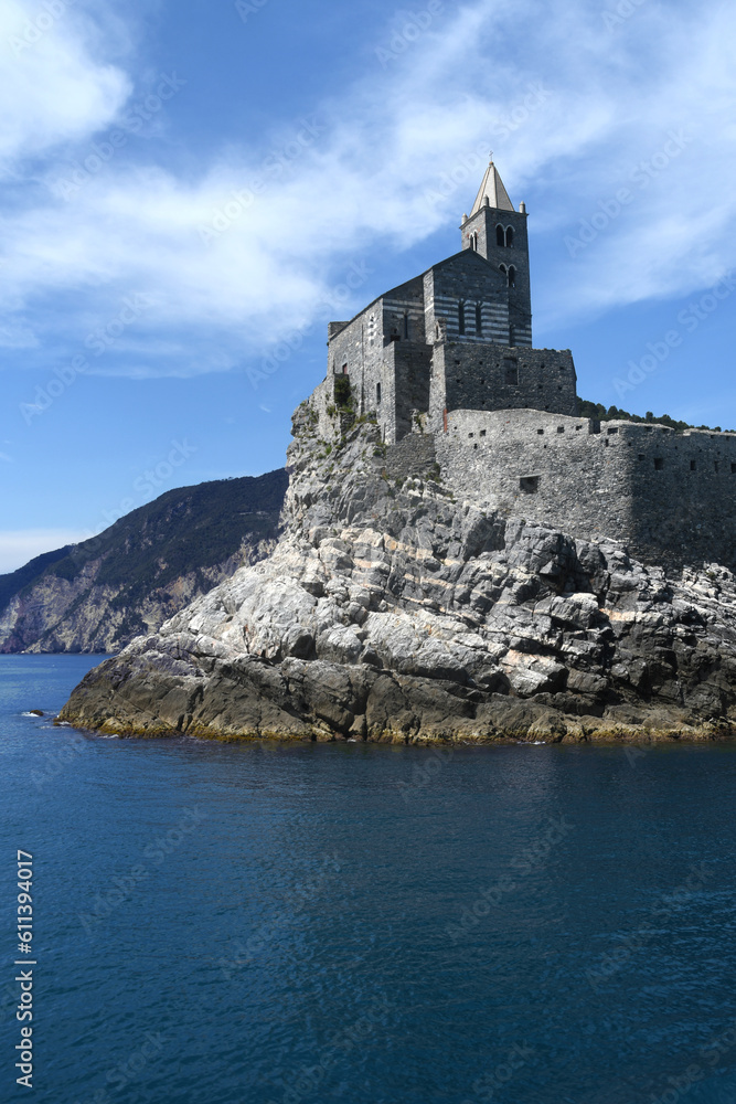 Italy - Porto Venere - May 8,  2022: The Romanesque church of San Pietro is a Catholic religious building in Porto Venere under the Doria Castle. It is the oldest  church in the Gulf of poets.