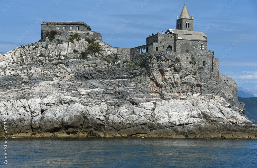 Italy - Porto Venere - May 8,  2022: The Romanesque church of San Pietro is a Catholic religious building in Porto Venere under the Doria Castle. It is the oldest  church in the Gulf of poets.