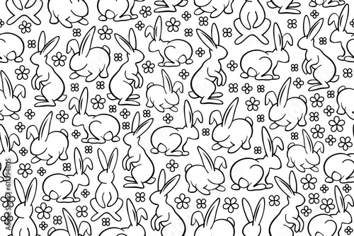 Cute and sweet pet bunnies seamless pattern. Repeating pattern with line art adorable rabbits with black thin line. 