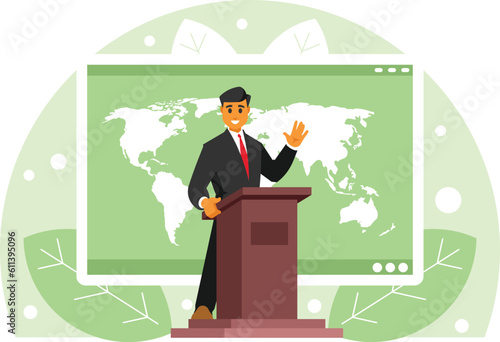Speaker at podium. Politician or businessman makes a speech standing behind the podium. World map on computer display. Vector graphics