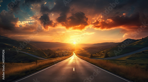 Empty highway and road during sunset Generative AI © PaulShlykov