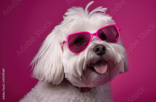A White Dog with Pink Glasses with a pink background and a blurry background behind it, with a blurry background behind it, and a pink background  © Lea Ottavi
