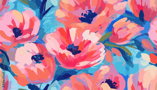 Cute hand drawn abstract flowers print. Modern cartoon style pattern. Fashionable template for design. Pink flower pattern, with blue backgrounds, vibrant acrylic colors brush strokes, vibrant florals