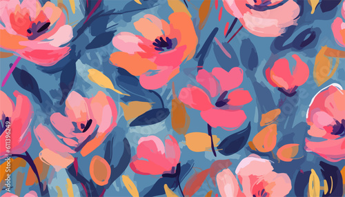 Cute hand drawn abstract flowers print. Modern cartoon style pattern. Fashionable template for design. Pink flower pattern, with blue backgrounds, vibrant acrylic colors brush strokes, vibrant florals