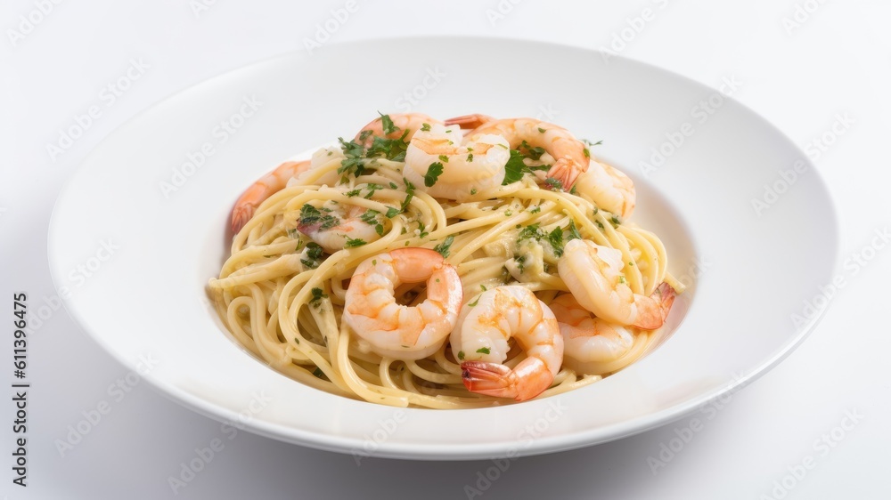 A colorful plate of shrimp scampi pasta with garlic and butter sauce on White Background with copy space for your text created with generative AI technology