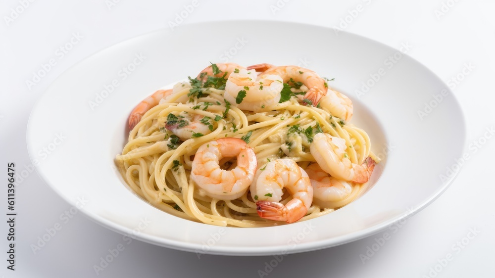 A colorful plate of shrimp scampi pasta with garlic and butter sauce on White Background with copy space for your text created with generative AI technology A colorful plate of shrimp scampi pasta with garlic and butter sauce on White Background with copy space for your text created with generative AI technology