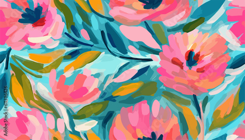Cute hand drawn abstract flowers print. Modern cartoon style pattern. Fashionable template for design. Pink flower pattern, with blue backgrounds, vibrant acrylic colors brush strokes, vibrant florals