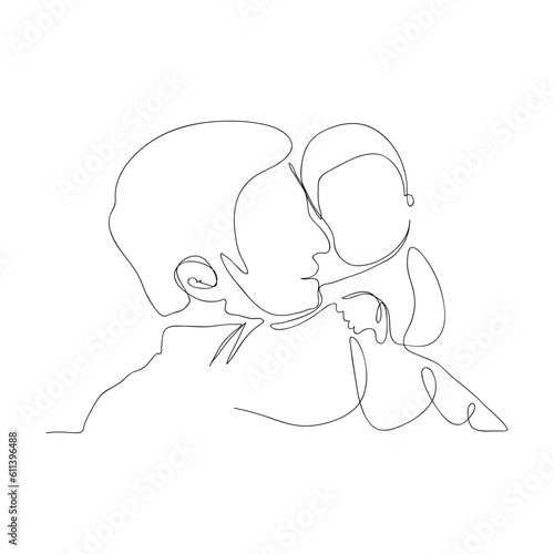 a father with a child. line art. vector drawing. A young dad hugs his son. Hand-drawn illustration for Father's Day. on a white background. black lines.
