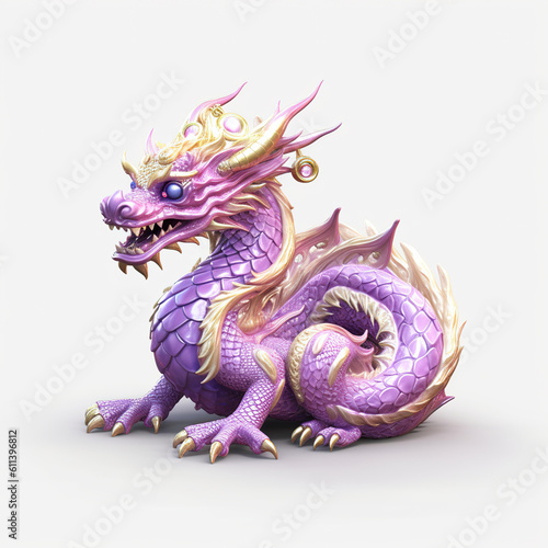 Ceramic detailed Chinese dragon in purple and gold in deep colors. Creative composition of a cute chinese dragon. Chinese fantasy dragon. Realistic 3D illustration. Generative AI © Vagner Castro