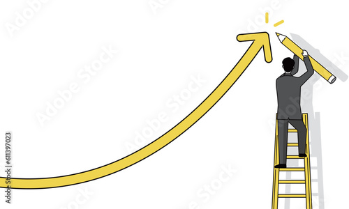 はしごを登るビジネスマン、鉛筆で矢印を描く、売上アップのイメージ、コンセプトイラスト、ベクター