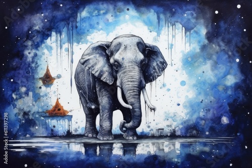 art elephant in space . dreamlike background with elephant . Hand Drawn Style illustration 