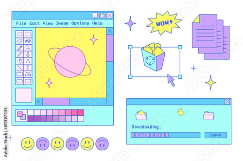 y2k trendy set of objects, old computer interface, retro pc elements, 1990s 2000s style, cursor, file, folder, programm, star, nostalgia, vector illustration