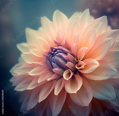 Dahlia dream style photography. Pink dahlia on a black background closeup. A closeup photo of a flower with shallow depth of field. Realistic 3D illustration. Generative AI