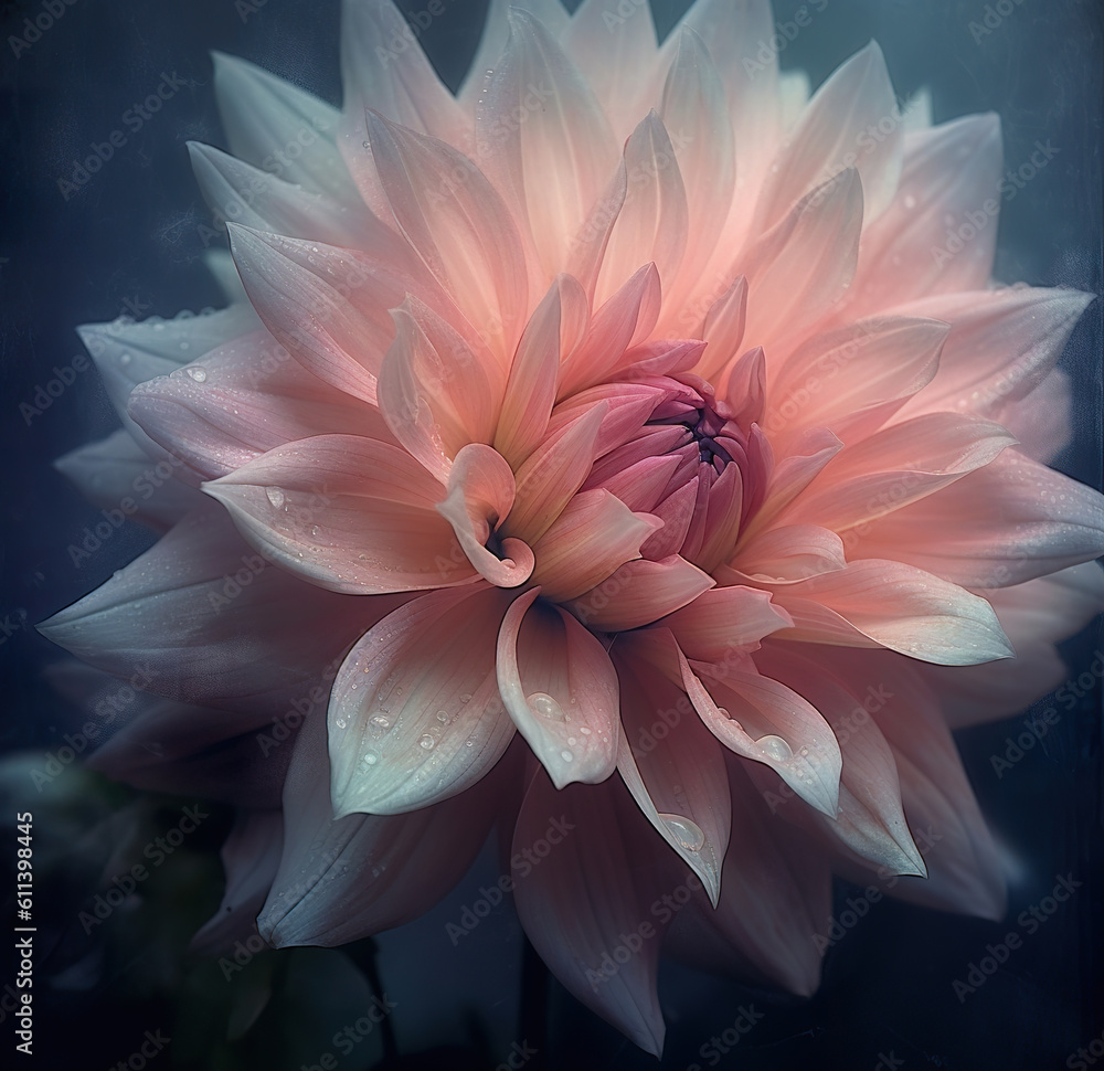 Dahlia dream style photography. Pink dahlia on a black background closeup. A closeup photo of a flower with shallow depth of field. Realistic 3D illustration. Generative AI Dahlia dream style photography. Pink dahlia on a black background closeup. A closeup photo of a flower with shallow depth of field. Realistic 3D illustration. Generative AI