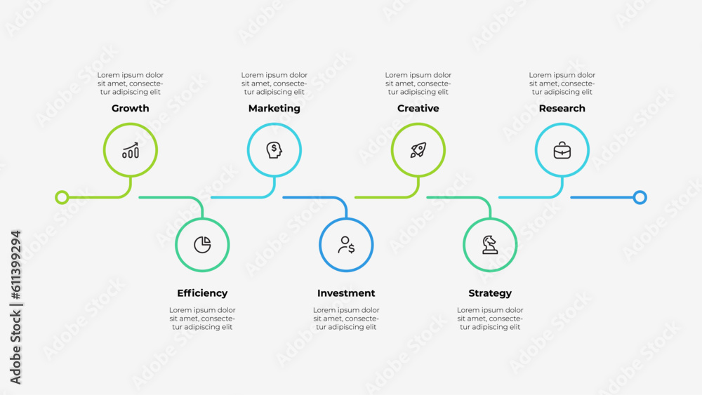 Horizontal timeline infographic from thin lines. Concept of 7 options of marketing process Horizontal timeline infographic from thin lines. Concept of 7 options of marketing process