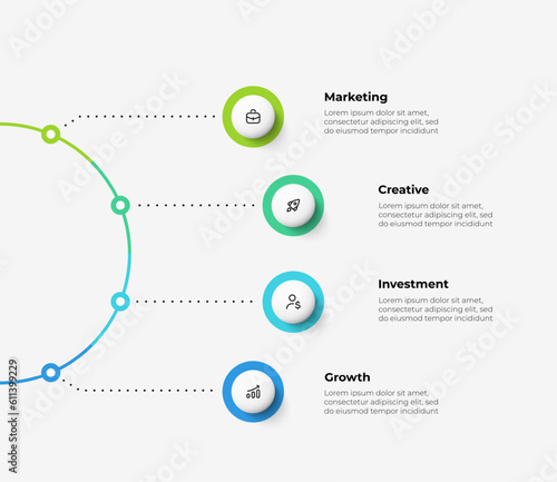 Central semicircle with dotted lines with 4 circles. Flow chart infographic slide. Concept of business project visualization with four options