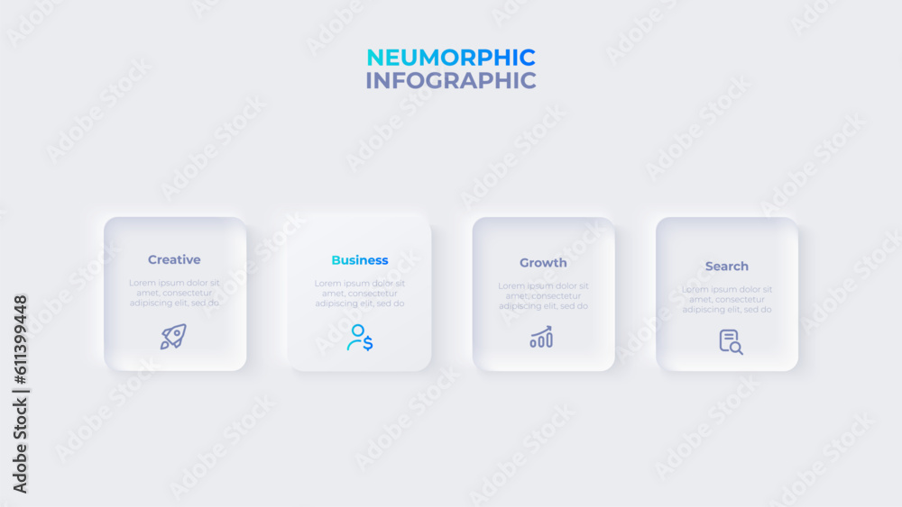 Light neumorphic horizontal progress diagram with 4 square elements ...